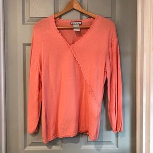 Bice Vintage Women's L 100% Cotton Coral Long Sleeve Faux Wrap VNeck Sweater
